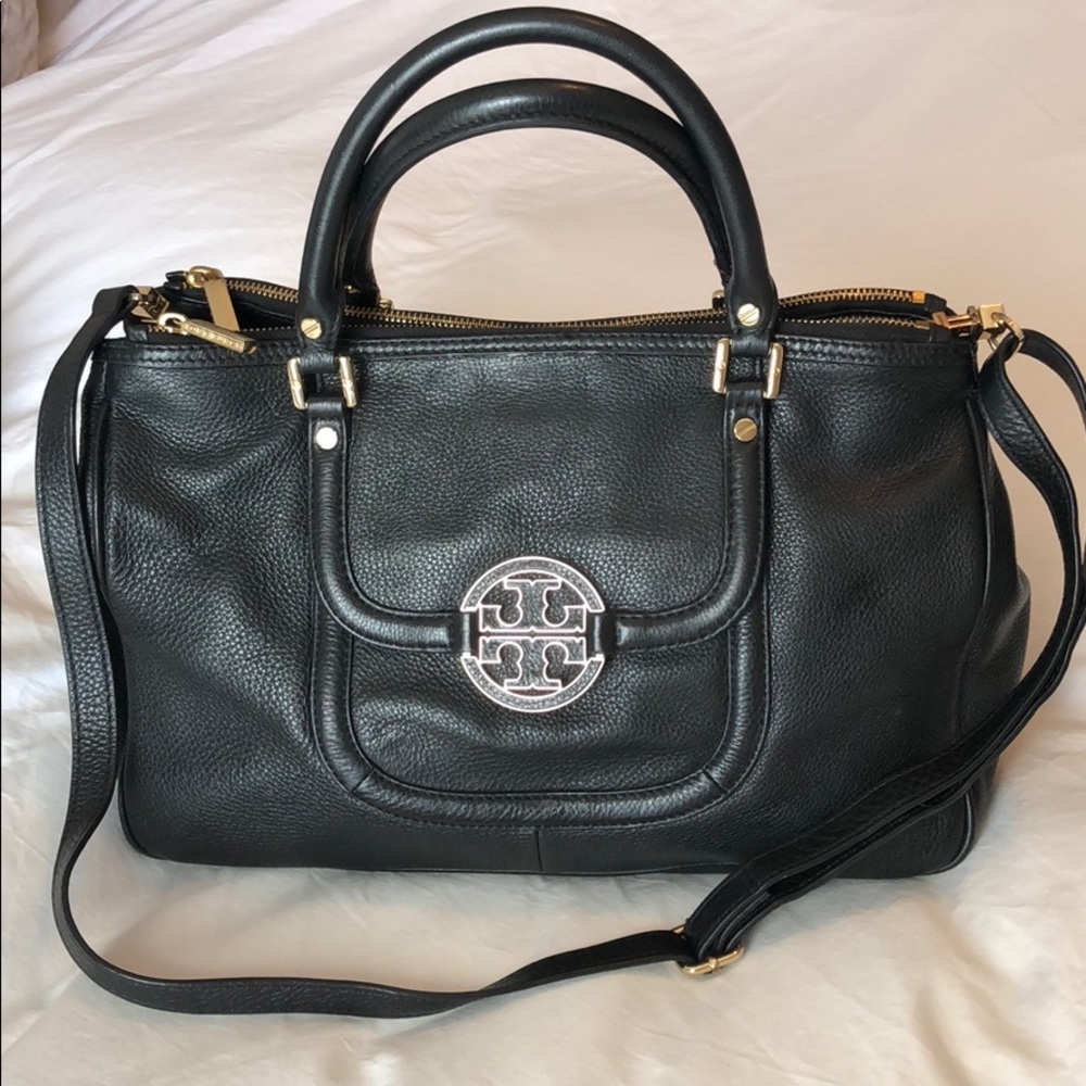 Black Leather Tory Burch Amanda Double Zip Handbag